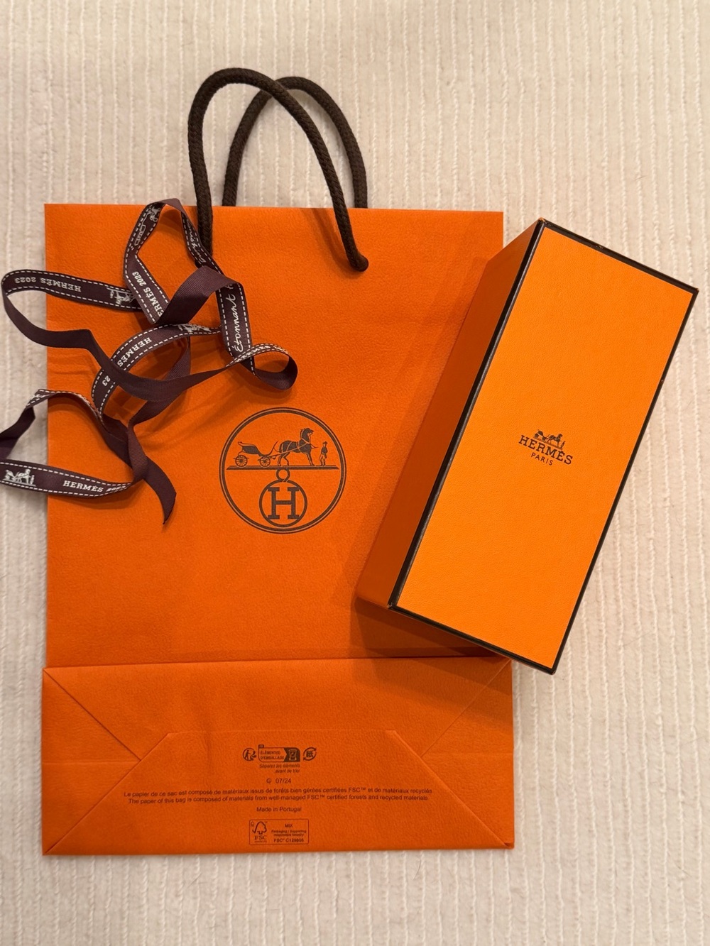 Authentic Hermès Orange Perfume Box, Bag and Ribbon